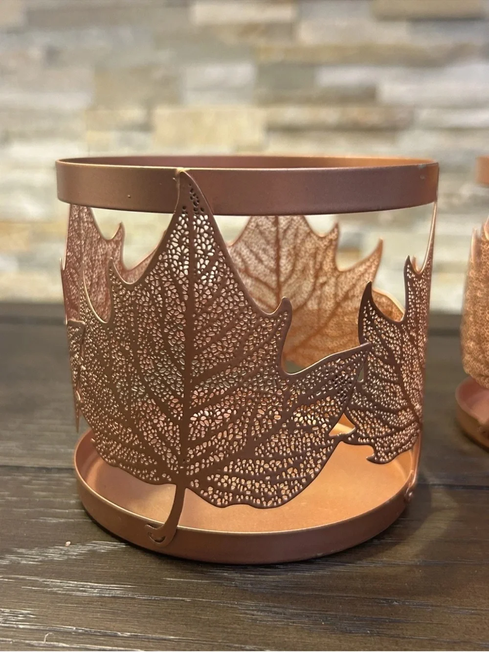 Decorative Metal Leaf Candle Holders - Copper Brown (Set of 2)